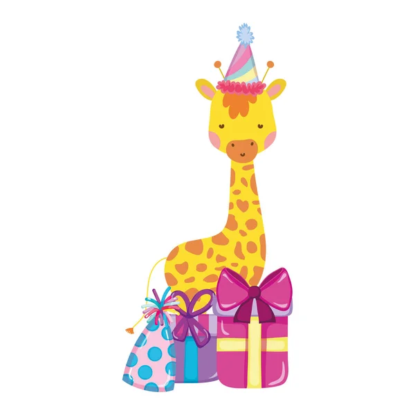 Niedliche und kleine Giraffe mit Partyhut-Charakter — Stockvektor