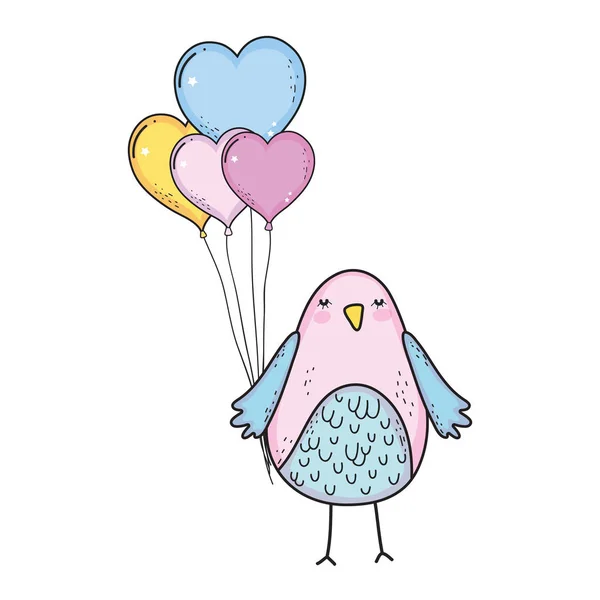 Lindo pajarito con globos helio carácter encantador — Vector de stock