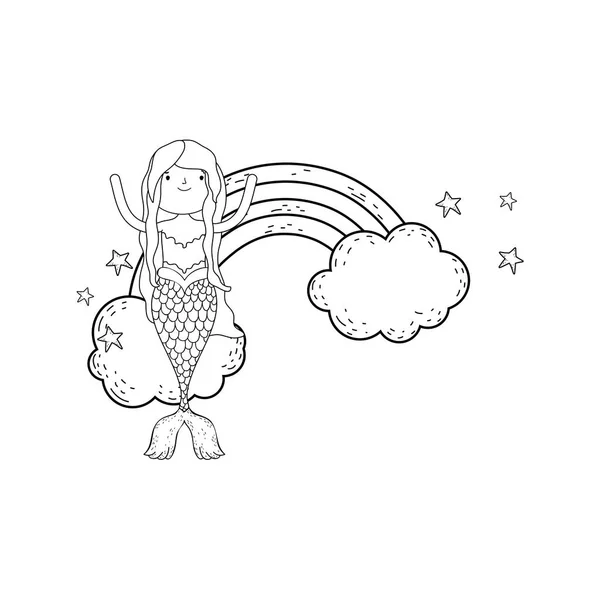 Mignon sirène avec nuages et arc-en-ciel — Image vectorielle