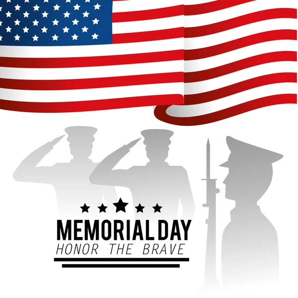 Homens militares e bandeira dos EUA para o dia comemorativo — Vetor de Stock