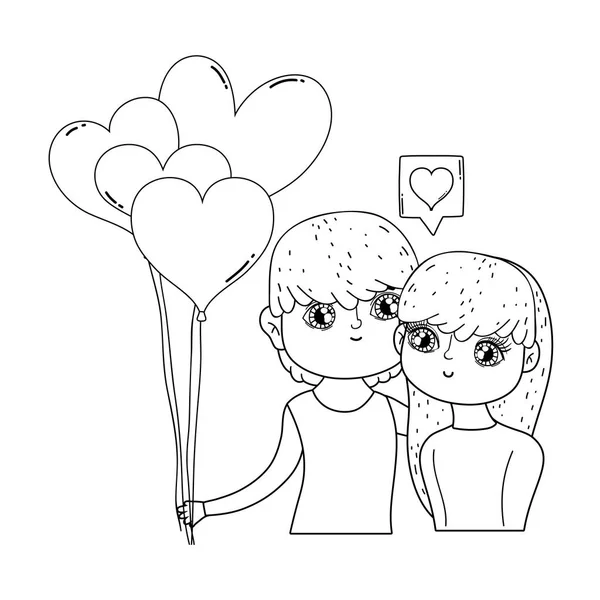 Jovem casal de amantes com balões de hélio —  Vetores de Stock