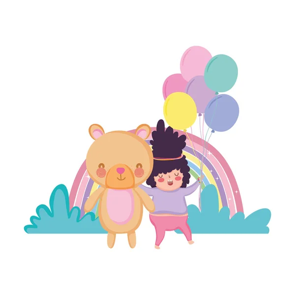 Niña gordita con arco iris y globos helio — Vector de stock