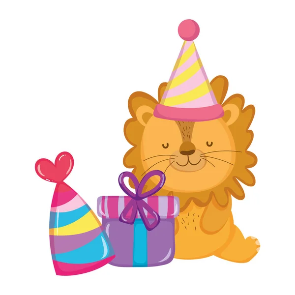 Lindo y pequeño león con sombrero de fiesta — Vector de stock