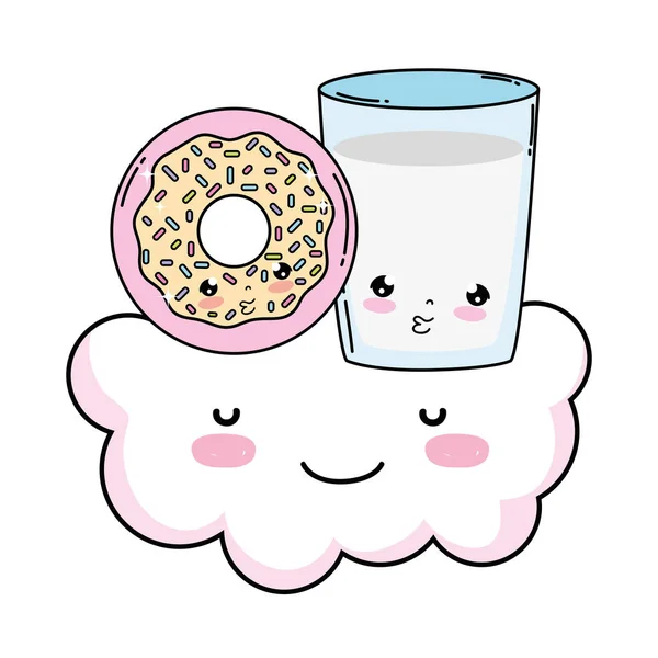 Milchglas mit Donut Kawaii Charakter — Stockvektor