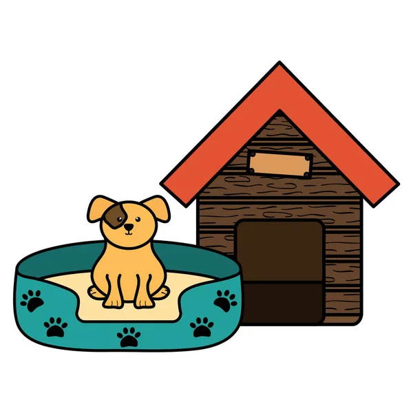 Cute little dog in wooden house character — Stock Vector
