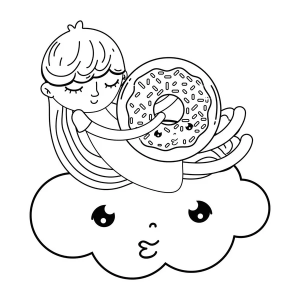 小女孩与甜甜甜圈卡瓦伊字符 — 图库矢量图片