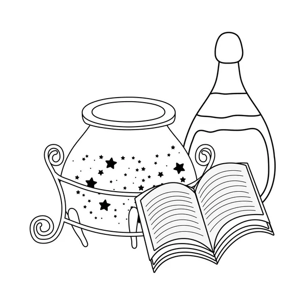 神奇的女巫锅与药水瓶和书 — 图库矢量图片