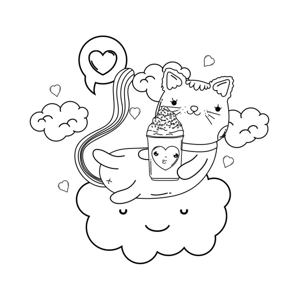Lindo gato con helado en nube — Vector de stock