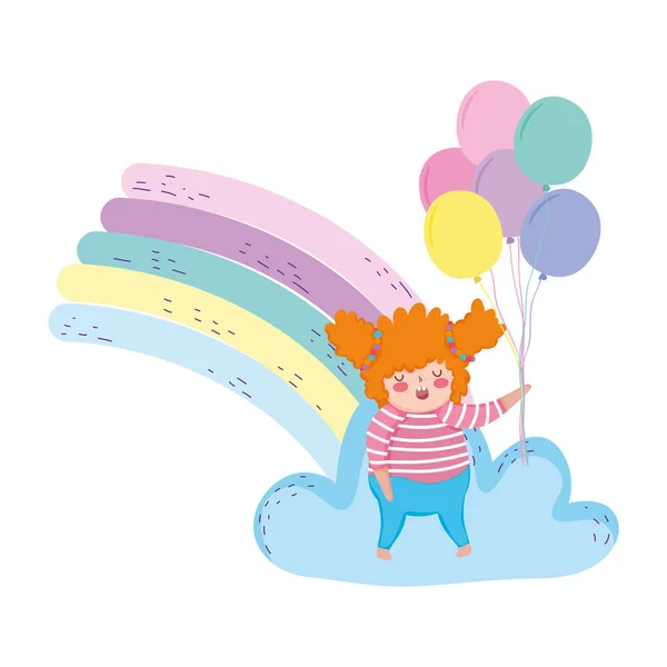 Niña gordita con arco iris y globos helio — Vector de stock