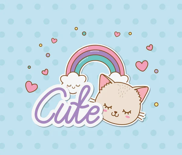 Lindo gato y arco iris pegatinas kawaii estilo — Vector de stock