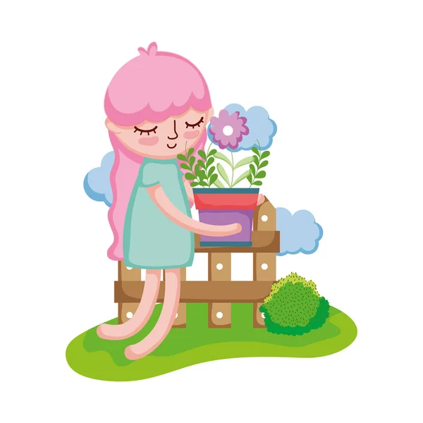 Niña levantando planta de interior con valla en el campamento — Vector de stock