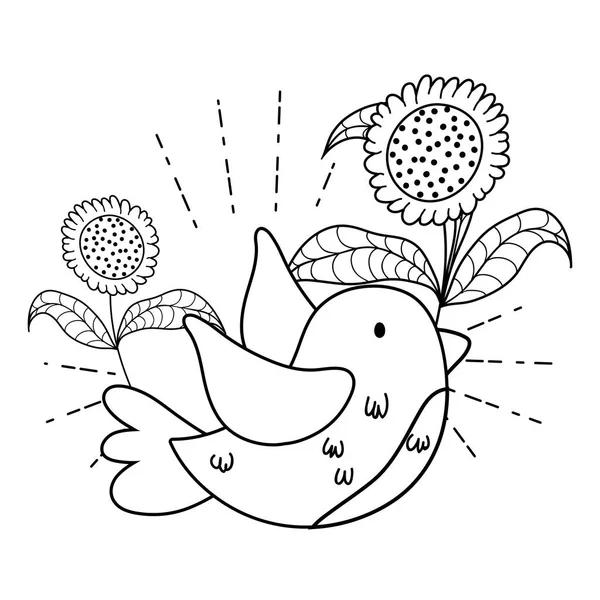 Lindo y pequeño pájaro volando con flores jardín — Vector de stock