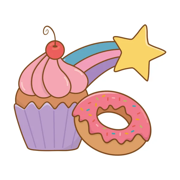 Muffin mit Donut und Sternschnuppe — Stockvektor