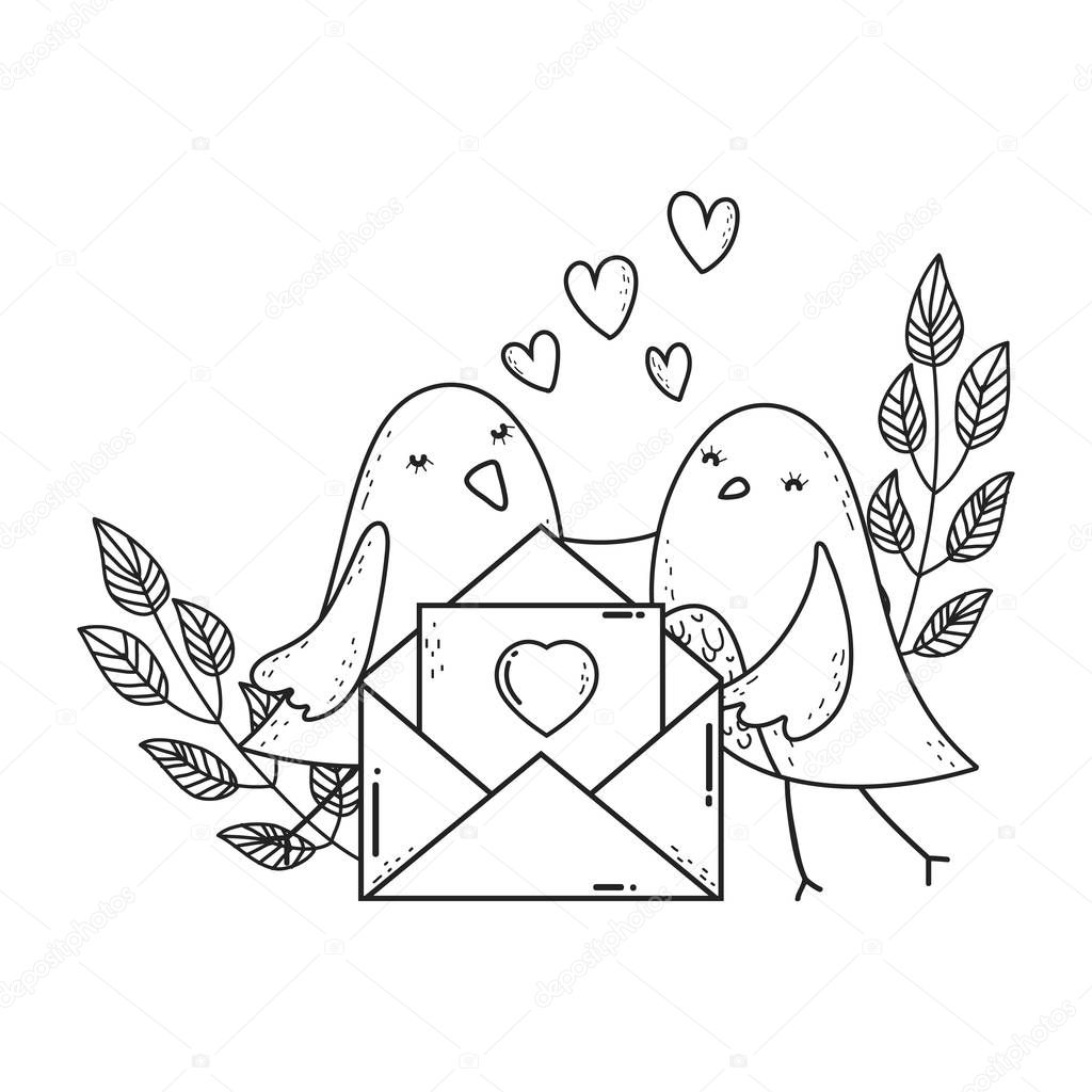 cute little birds couple with envelope lovely characters