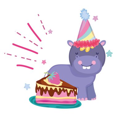 parti şapka ile sevimli ve küçük Hippo karakter