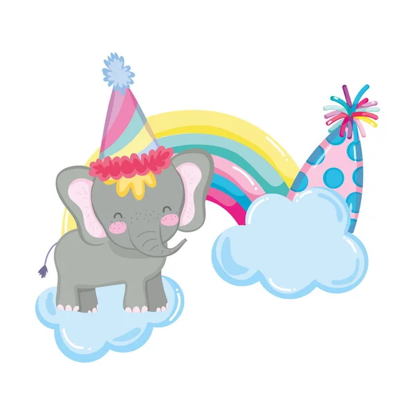 Söt och liten elefant med Partyhatt och RRR Rainbow — Stock vektor