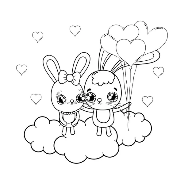 Cute rabbits couple with balloons helium valentines day — Stock Vector