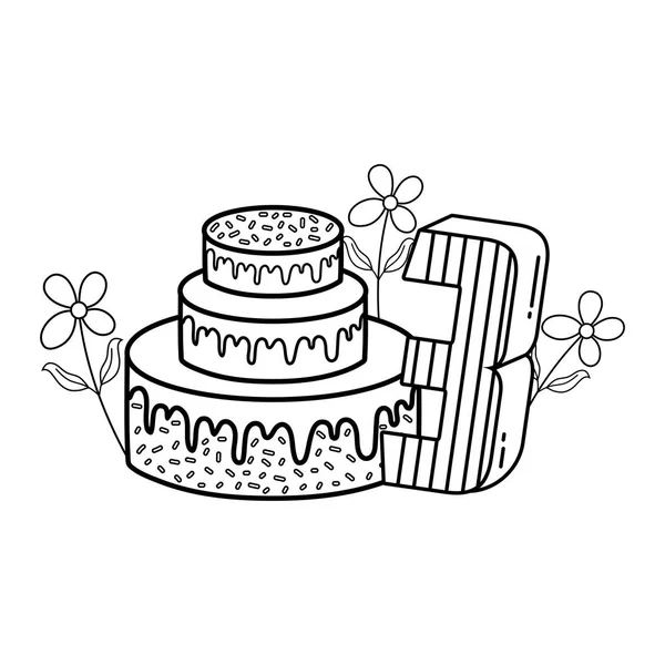 Gâteau de fête avec des fleurs et et une bougie numéro trois — Image vectorielle
