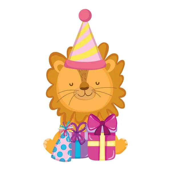 Lindo y pequeño león con sombrero de fiesta — Vector de stock