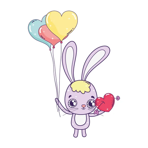 Lindo conejo con globos helio día de San Valentín — Vector de stock
