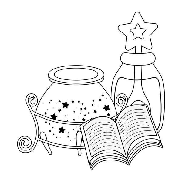 神奇的女巫锅与药水瓶和书 — 图库矢量图片