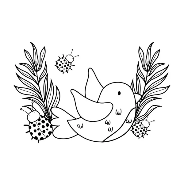 Lindo y pequeño pájaro volando con flores jardín — Vector de stock