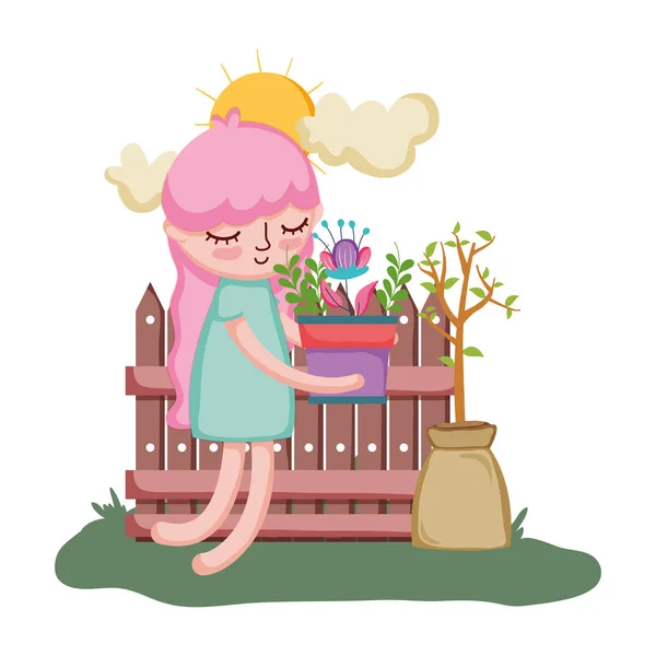 Niña levantando planta de interior con valla en el jardín — Vector de stock