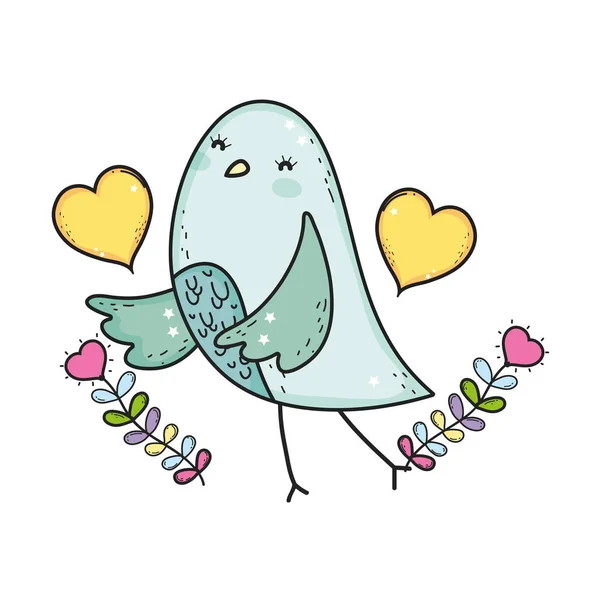 Lindo pajarito con corazón carácter encantador — Vector de stock