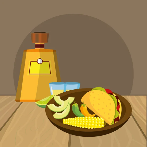 Delicious mexican food cartoon on restaurant table — Stock Vector