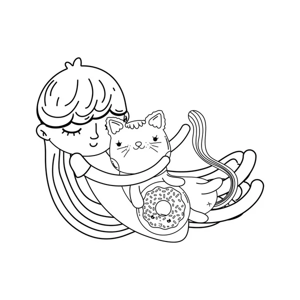 Klein meisje met kat kawaii karakter — Stockvector