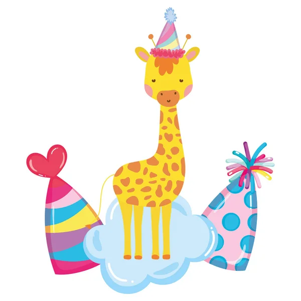 Mignon et petite girafe avec chapeau de fête caractère — Image vectorielle