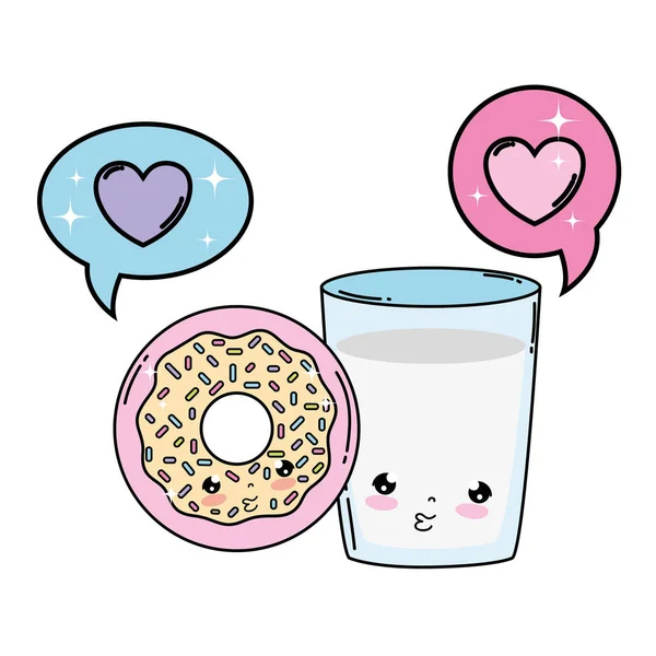 Melkglas met donut kawaii karakter — Stockvector