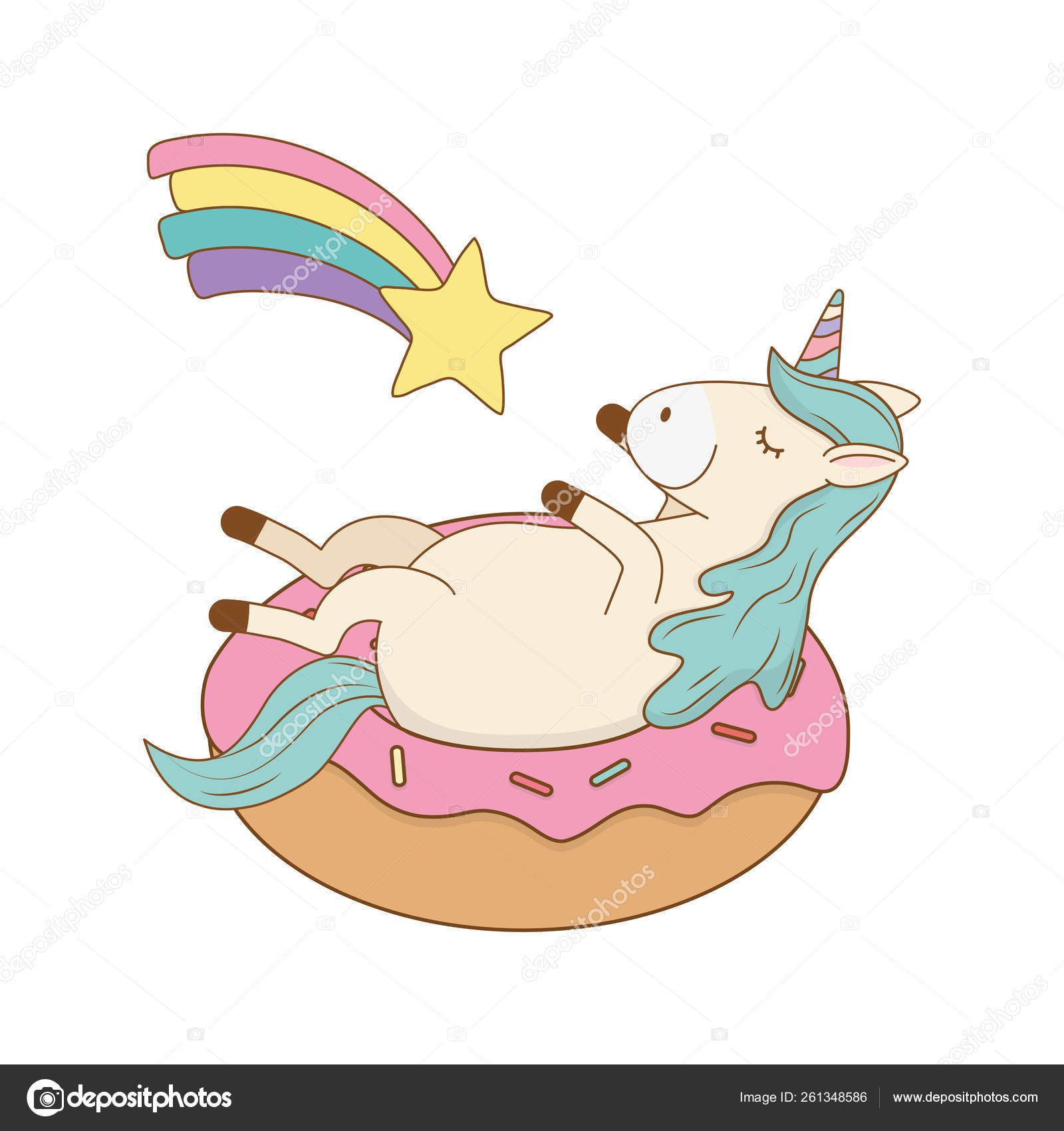 Cute Fairytale Unicorn In Donut With Rainbow Stock Vector