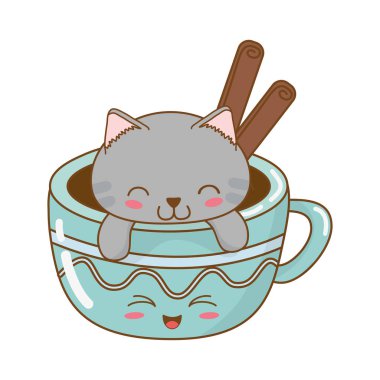 çikolata kupa kawaii karakteri ile şirin küçük kedi
