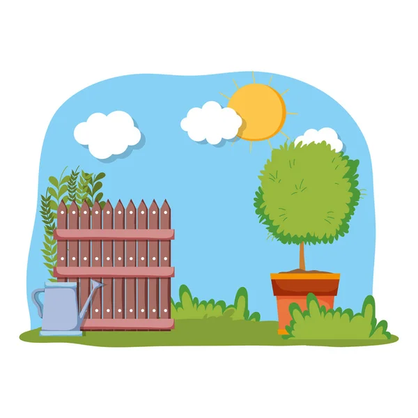 Postřikovač zahrady s plotem na polní scéně — Stockový vektor