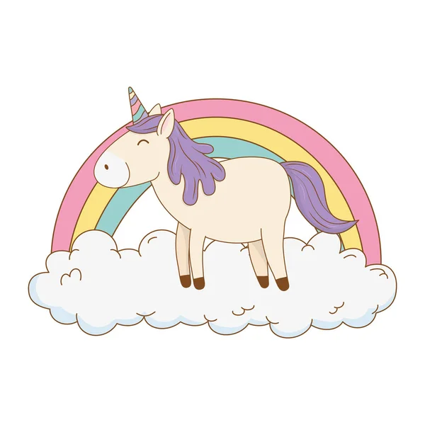 Lucu dongeng unicorn di awan dengan pelangi - Stok Vektor