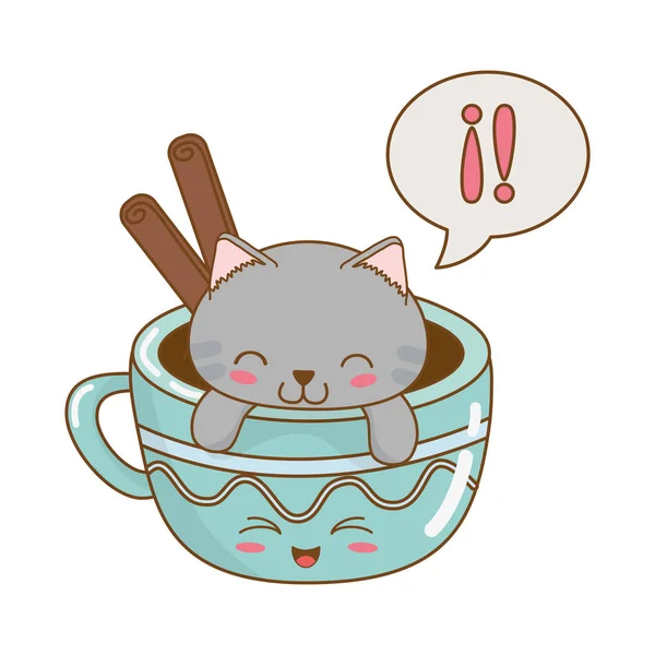 Lindo pequeño gato con chocolate taza kawaii carácter — Archivo Imágenes Vectoriales