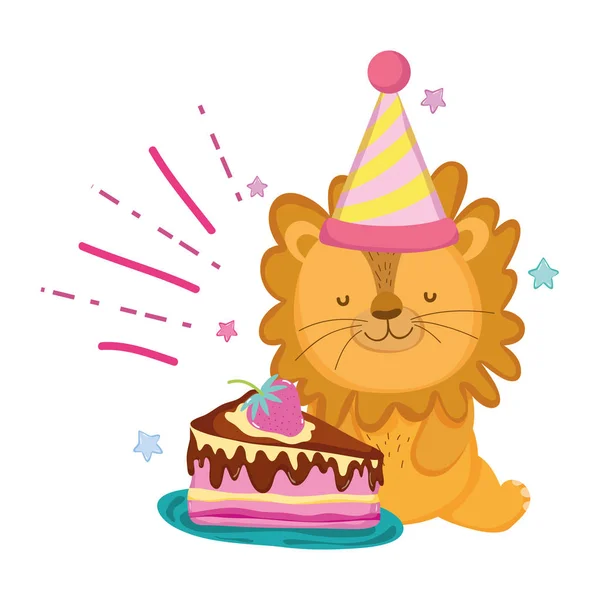 Lindo y pequeño león con sombrero de fiesta — Vector de stock