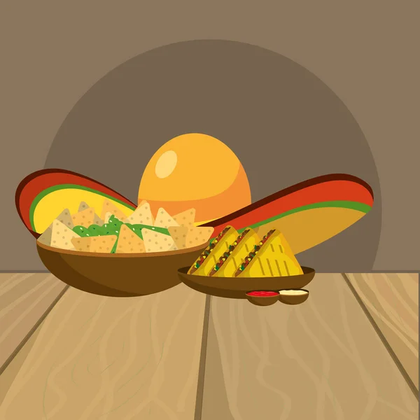 Delicious mexican food cartoon on restaurant table — Stock Vector