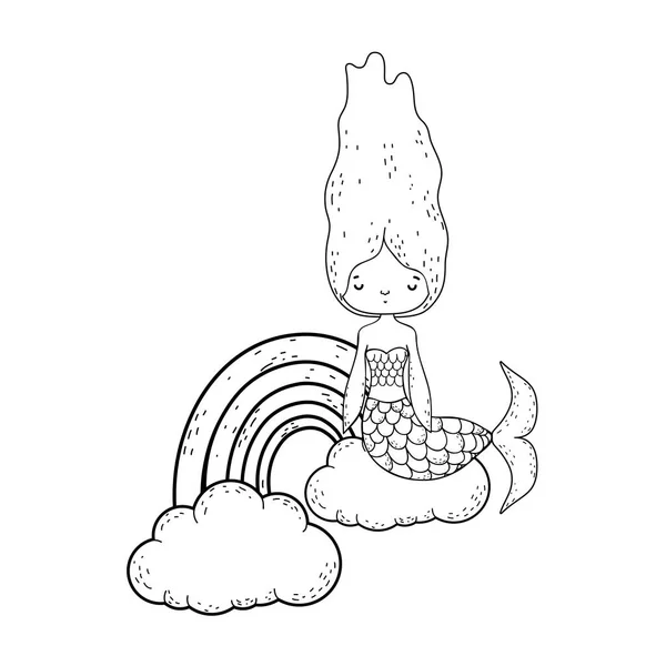Schattige zeemeermin met wolken en de regenboog — Stockvector