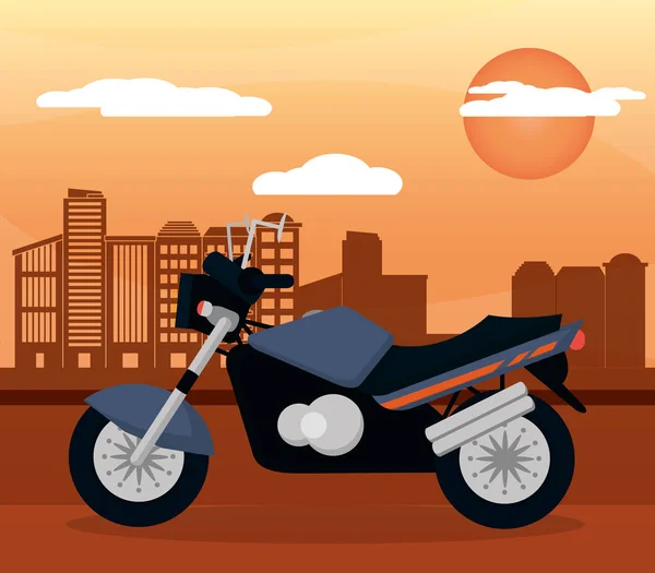 Black motorcycle city sunset — Stock Vector