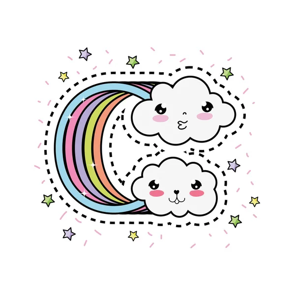 Awan lucu dengan karakter kawaii pelangi - Stok Vektor