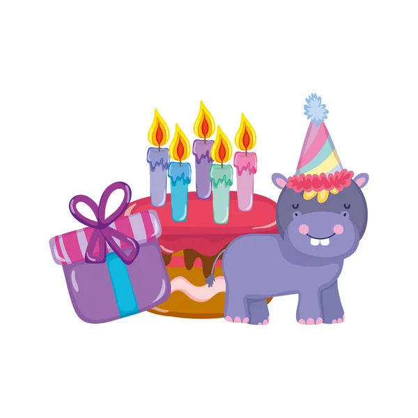 Niedliches und kleines Nilpferd mit Party-Hut und Kuchen — Stockvektor