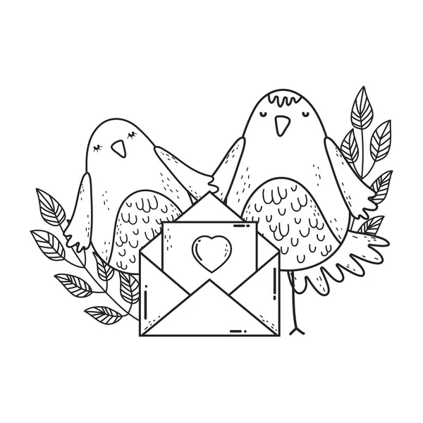 Mignon petit couple d'oiseaux avec enveloppe de beaux personnages — Image vectorielle