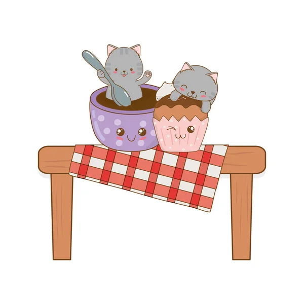Lindo poco gatos con cupcake kawaii caracteres — Vector de stock