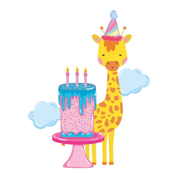 Niedliche und kleine Giraffe mit Partyhut-Charakter — Stockvektor