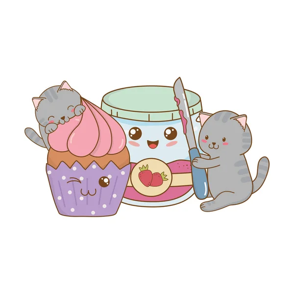 Lindo poco gatos con fresa mermelada kawaii caracteres — Vector de stock