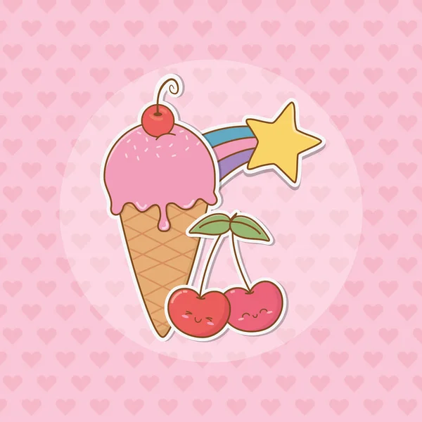 Ijs en kersen stickers kawaii stijl — Stockvector