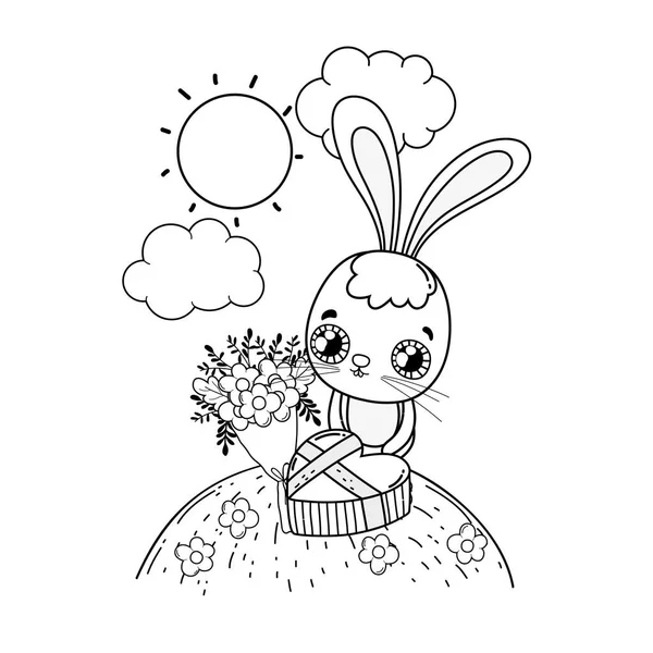 Lindo conejo con flores ramo de San Valentín día — Vector de stock