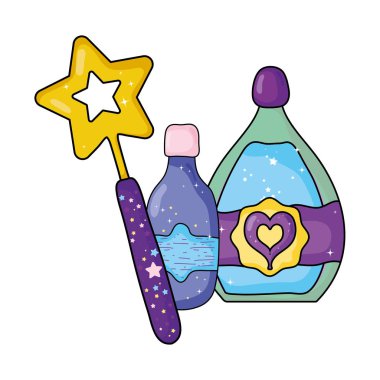 değnek ile sihirli iksir şişeleri